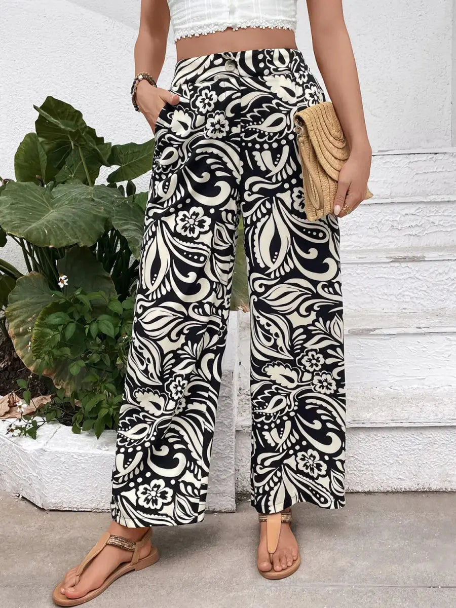 Stylish Printed Wide Leg Pants with Pockets and Buttons - Love Salve